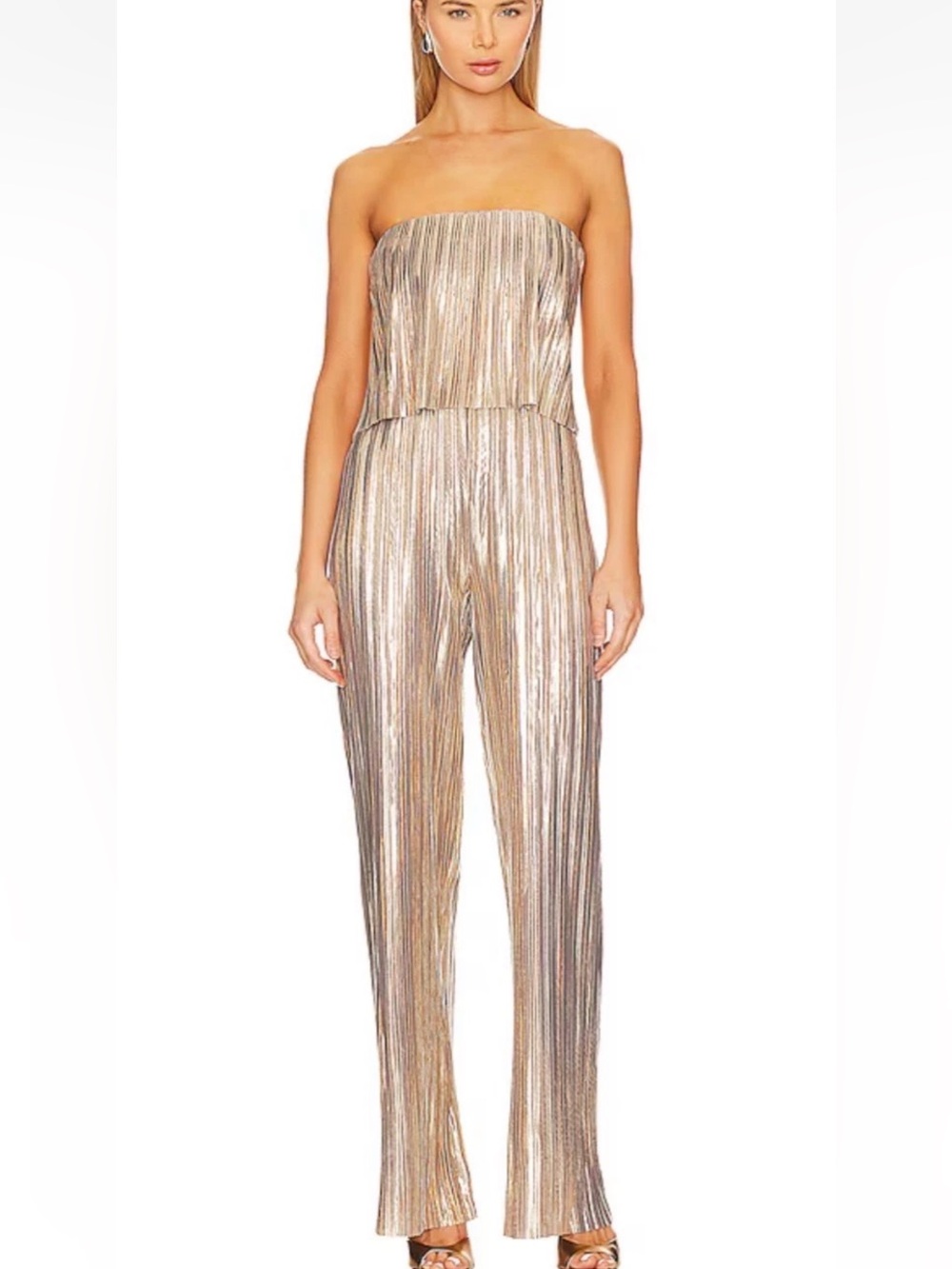 New! Amanda Uprichard Collina Jumpsuit Gold Metallic Strapless XS